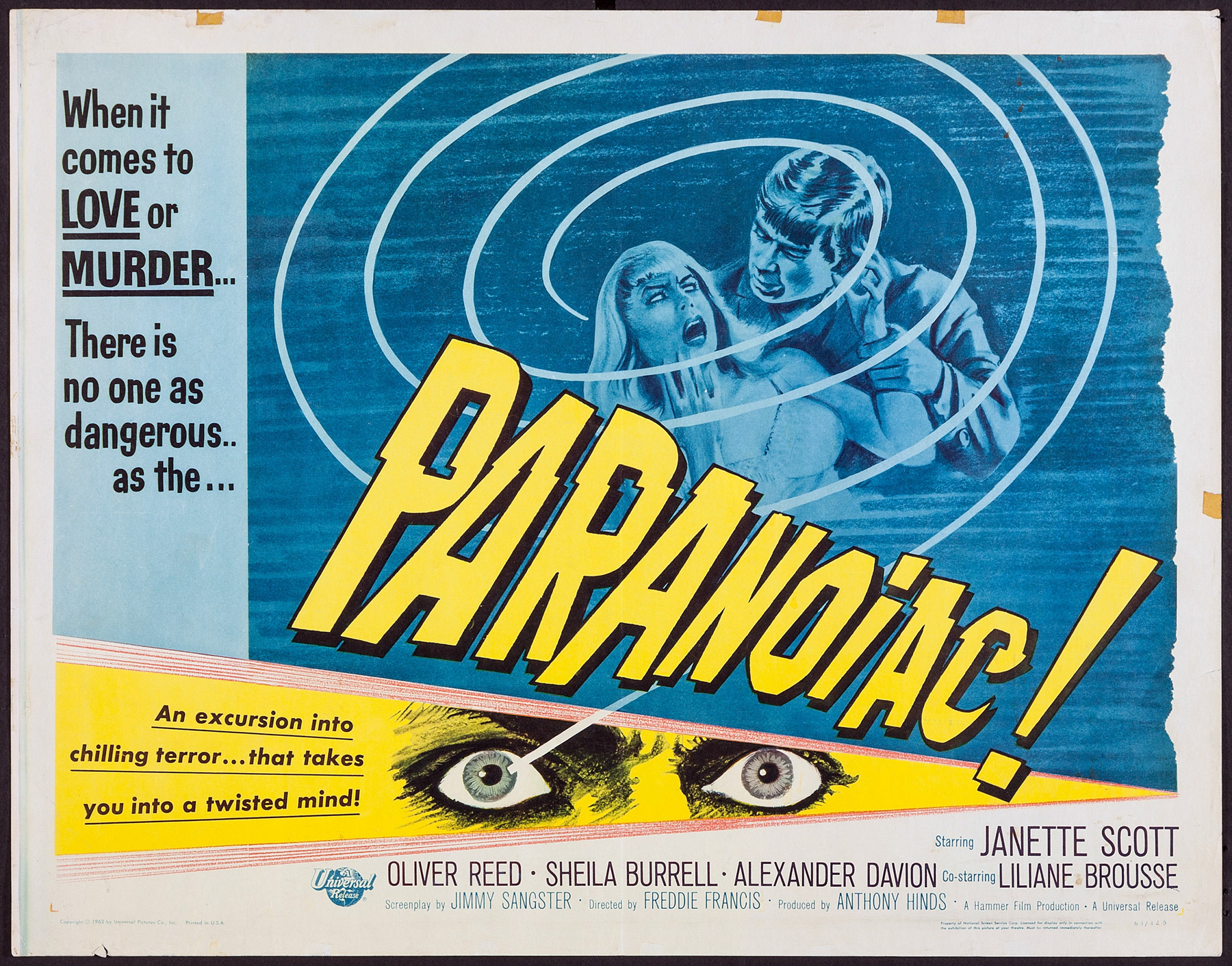 Paranoiac 1963 Original Vintage Hammer Horror Uk Film Poster Picture Palace Movie Posters